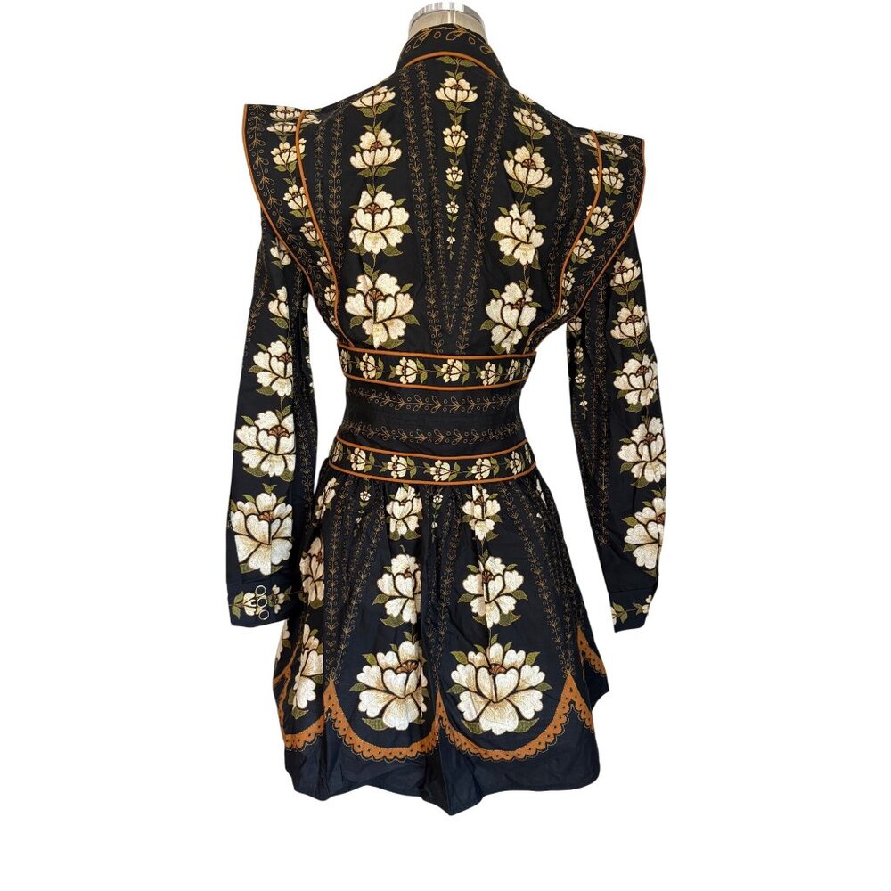 Farm Rio Topstitching Long Sleeve Mini Dress in Black Embroidered Flower Small - Picture 10 of 14